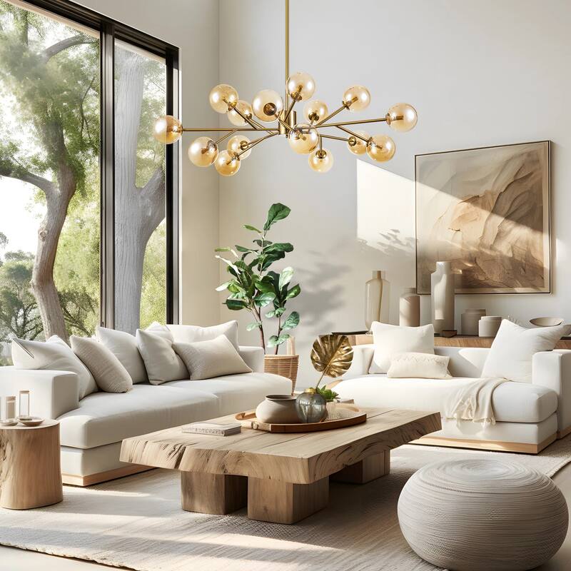 15-Light Modern Linear Sputnik Kitchen Island Light Branch Cluster Glass Globe Bubble Chandelier