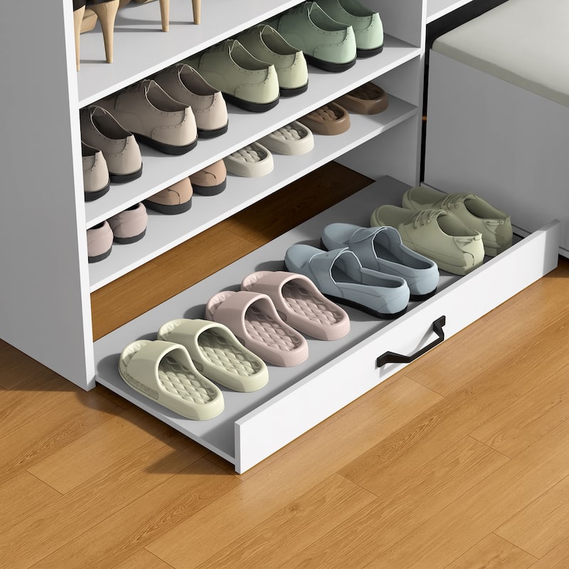 Multi-functional Shoe Cabinet with Adjustable Shelves, Stool, Retractable toe-kick drawer, Minimalist Shoe Storage Organizer