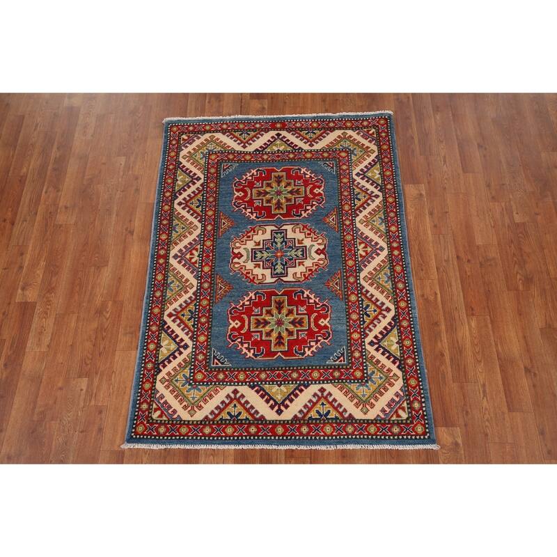 Blue Kazak Foyer Rug Hand-Knotted Traditional Wool Carpet - 3'5" x 4'9"