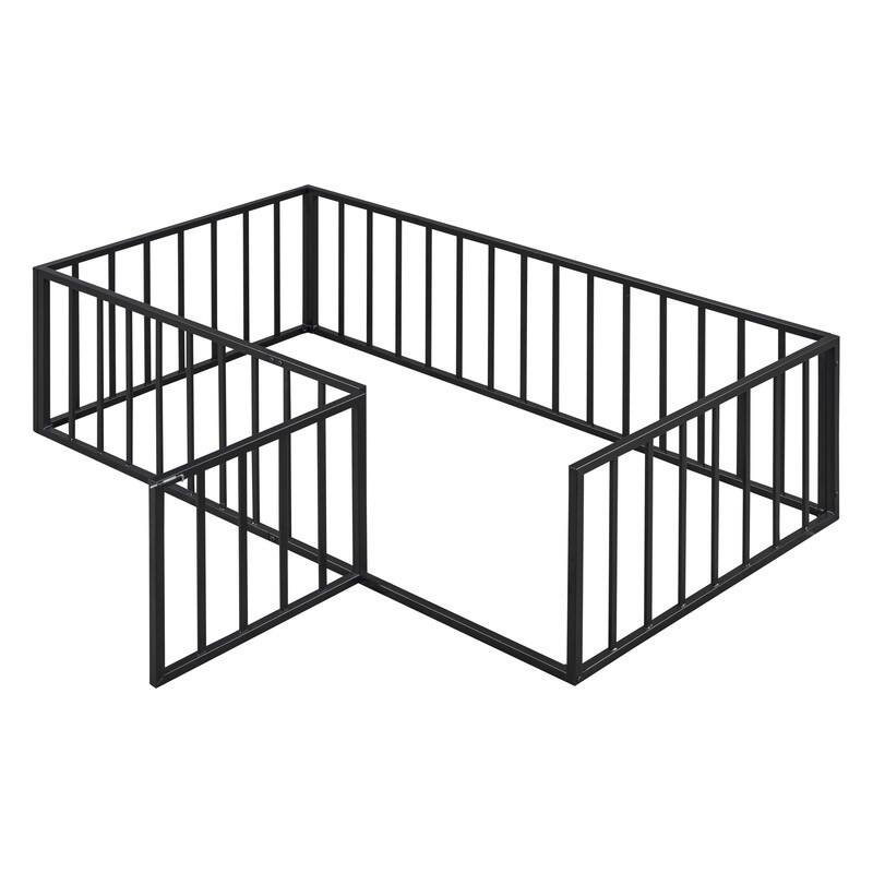Twin/Full/Queen Size Floor Bed for Kids, Montessori Beds with Rails and Door, Metal Playhouse Bed Frame w/ Fence for Boys Girls