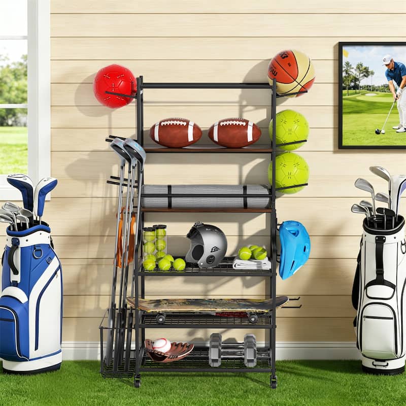 Freestanding Rolling Sports Equipment Organizer Home Gym Storage Rack with Wheels