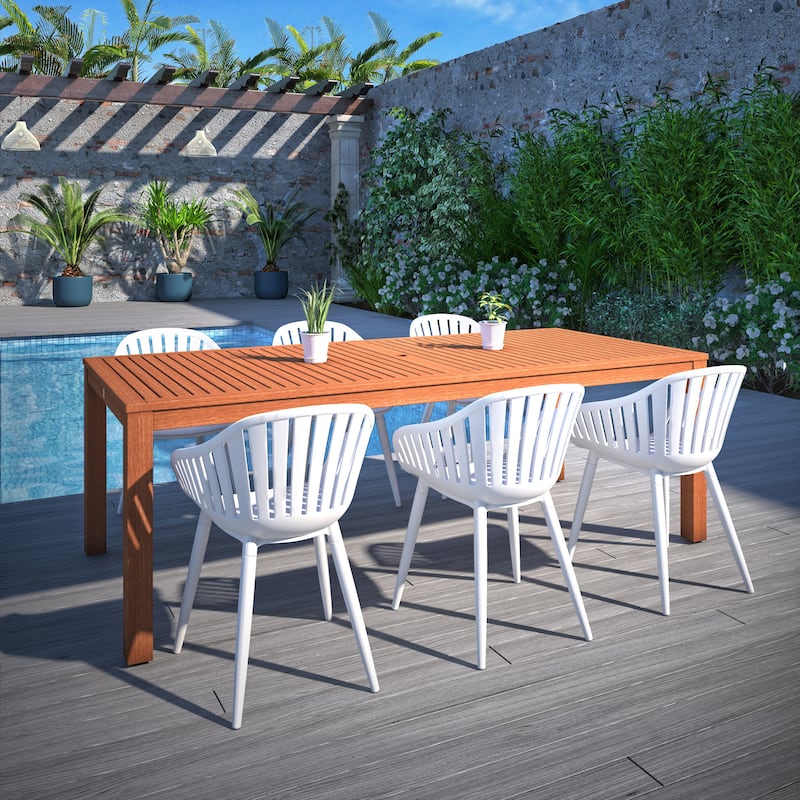 Amazonia Clifton 7pc FSC Wood Outdoor Patio Dining Set - White Armchairs with Aluminum legs