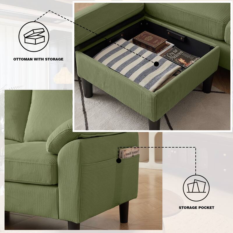 4 Pieces Corduroy Living Room Sets with Sofa, Ottoman and Loveseat
