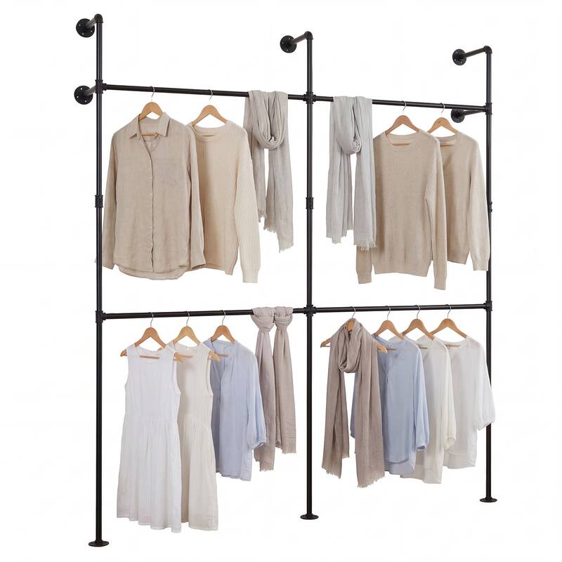 Gymax Industrial Pipe Clothing Rack Wall Mounted Heavy-Duty Metal - Black