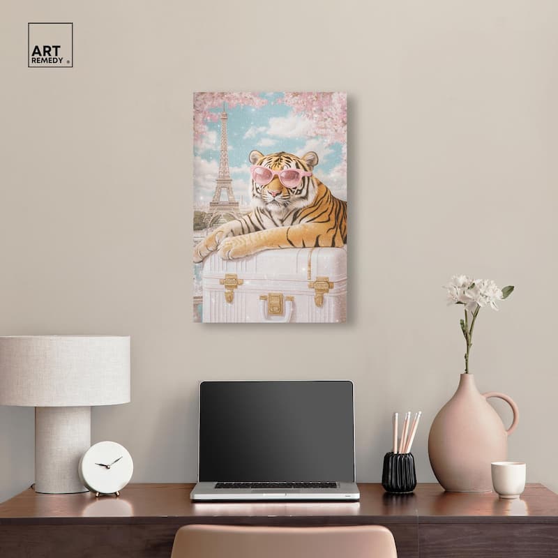 Tiger Luggage Paris Canvas by Art Remedy, Gallery Wrapped