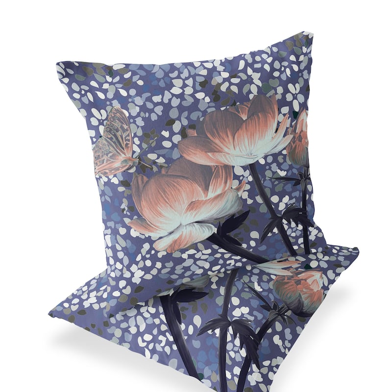 HomeRoots Set of Two 16" X 16" Blue and Gray Butterfly Blown Seam Floral Indoor Outdoor Throw Pillow - 16.00' X '16.00' X '5.00