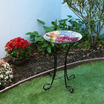 Alpine Corporation 24" Tall Outdoor Glass Birdbath Bowl with Metal Stand