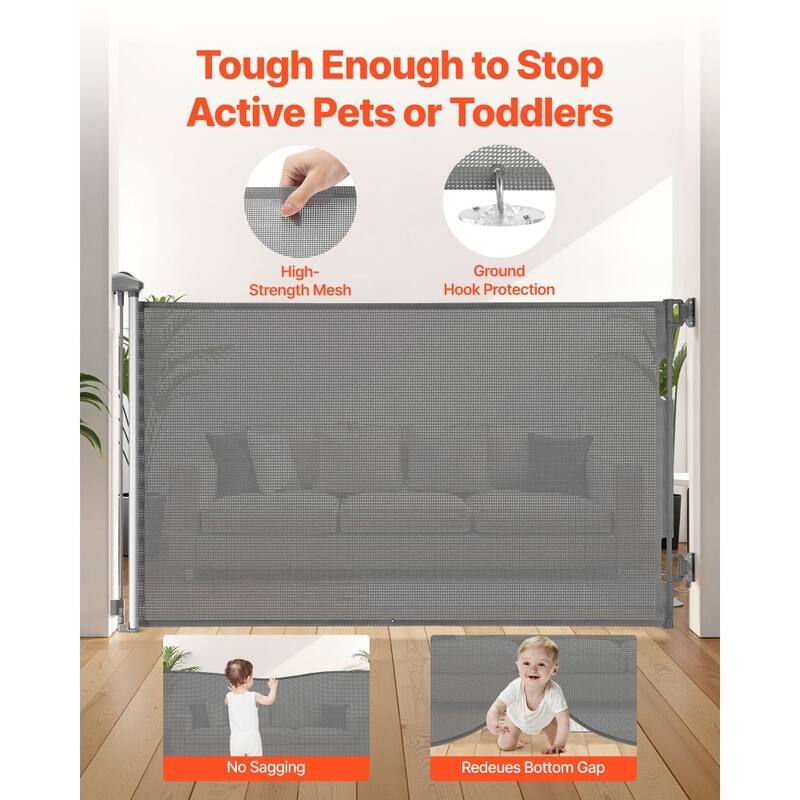 Retractable Baby Gate with Escape-Proof Bottom Hook and Mesh Design for Kids and Pets Safety