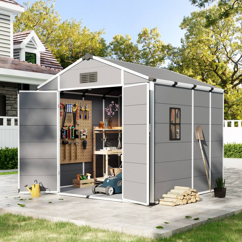 EROMMY Outdoor Storage Shed with Built-In Floor, Lockable Double Doors & Sloped Roof, Gray/Black
