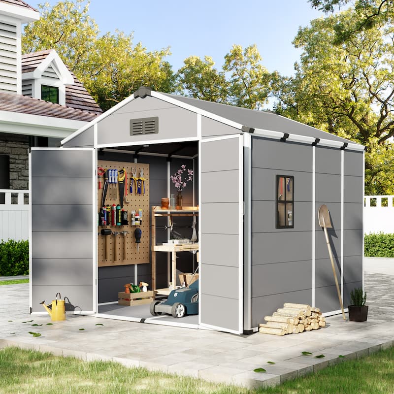 Erommy Outdoor Storage Shed with Built-In Floor, Lockable Double Doors & Sloped Roof - 8'x8' - Grey
