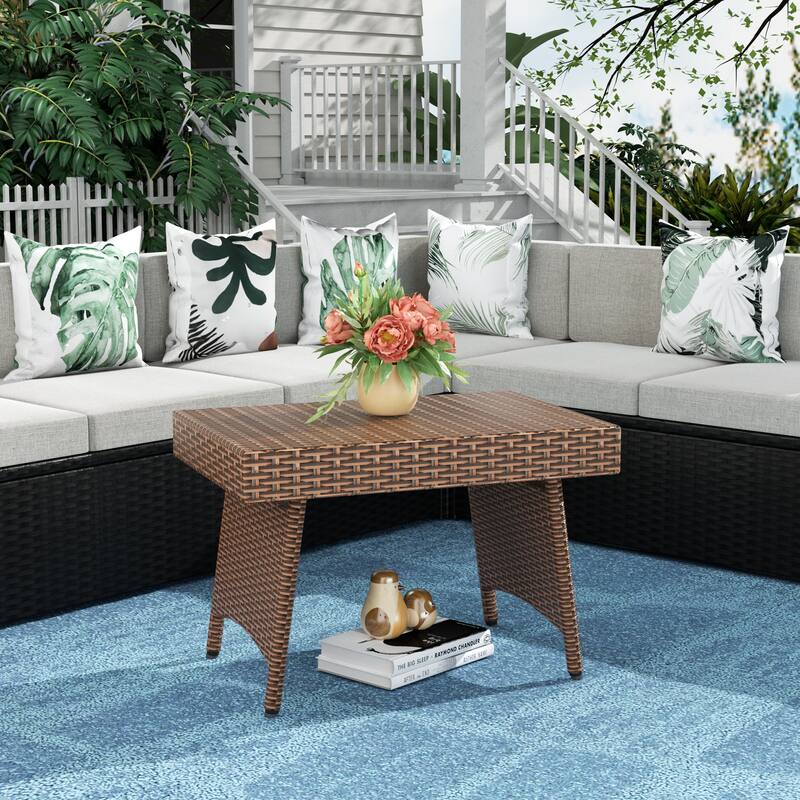 Peader Outdoor Wicker Adjustable Collapsible Folding Table - Brown