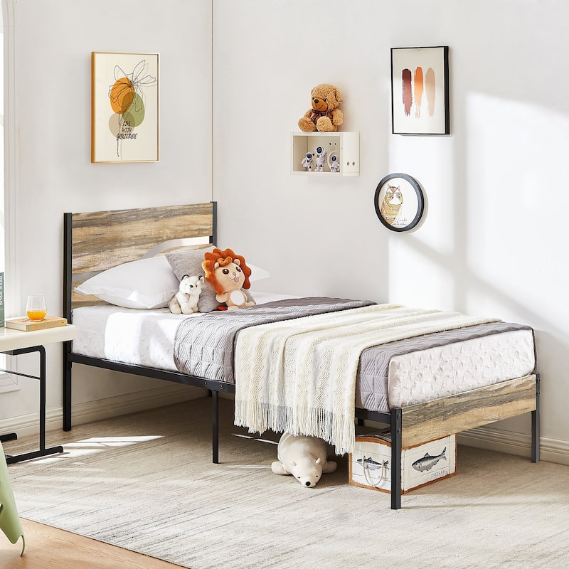VECELO Beds Industrial Platform Bed Frame with Wood Headboard,Easy Set up