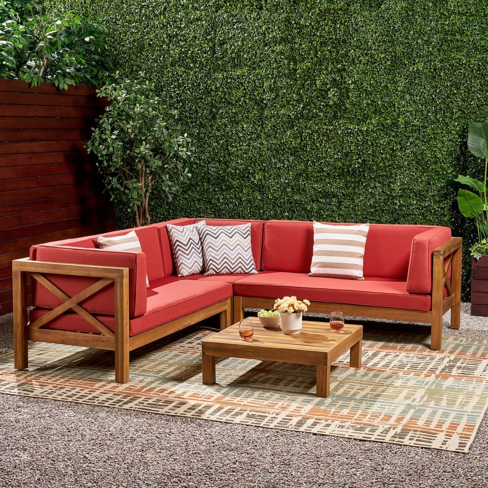 Brava Outdoor 4 Piece V-Shaped Acacia Wood Sectional Sofa and Coffee Table Set by Christopher Knight Home