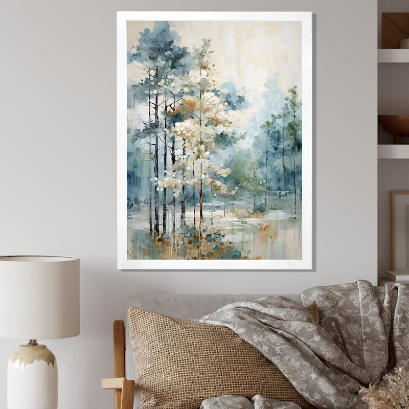Designart "Pine Tree Enchanted Forest II" Tree Pine Framed Wall Decor - 34 in. wide x 44 in. high - White