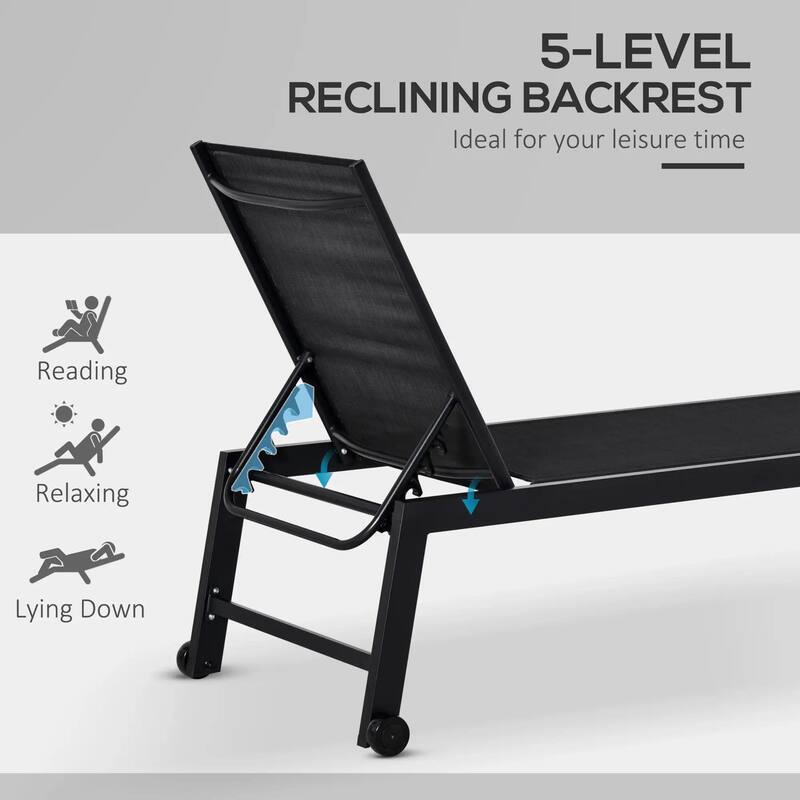 Outdoor Chaise Lounge, 5-Pos Recline, Wheels, Steel Frame, Breathable