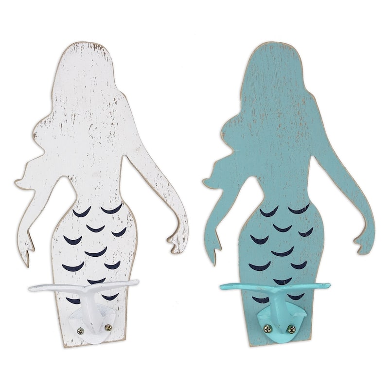 Blue and White Mermaid Tails Single Wall Hooks Set of 2 Wood and Metal - White,Blue