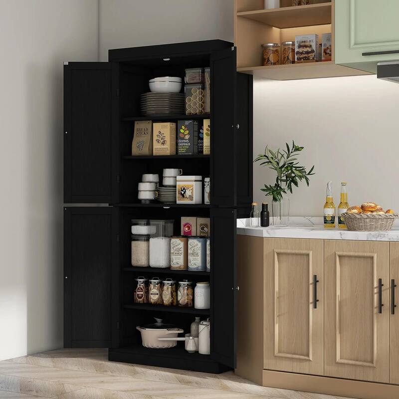 72" Kitchen Cabinet, Pantry Storage Cabinet with Doors and Shelves - Black