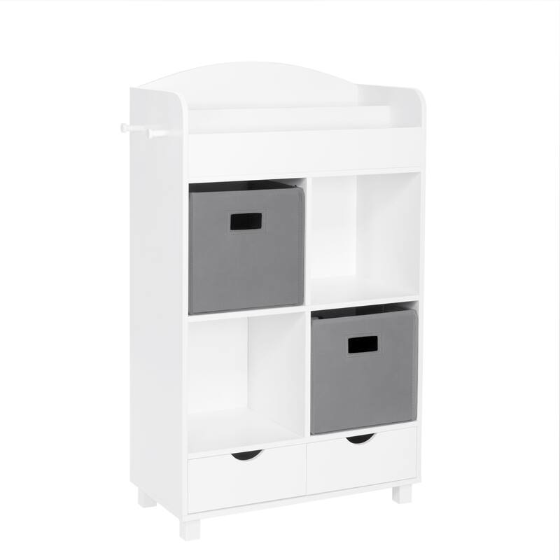 RiverRidge Kids Book Nook Cubby Toy Storage Cabinet with Bookshelf, Drawers, and Hooks - white with gray bins
