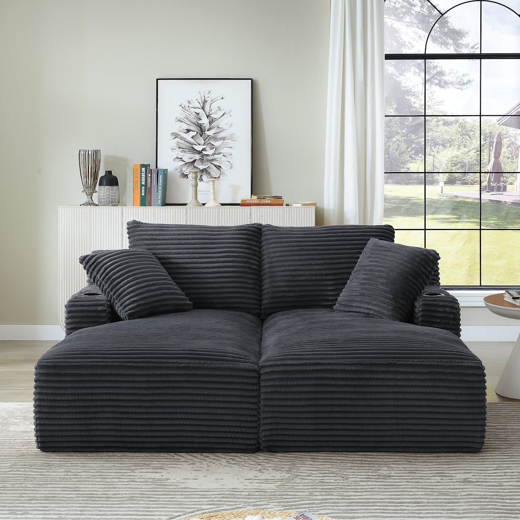 Roomfitters Double Chaise Lounge with Cup Holders and Plush Corduroy Upholstery, No Assembly Modern Sleeper Loveseat