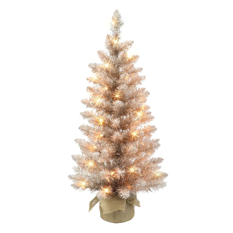 3' Potted Rose Gold Pine Slim Artificial Christmas Tree, Clear Lights - 3 Foot