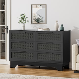 Anmytek Modern Black 6-Drawer Double Dresser for Bedroom Wood Rattan Chest of Drawers