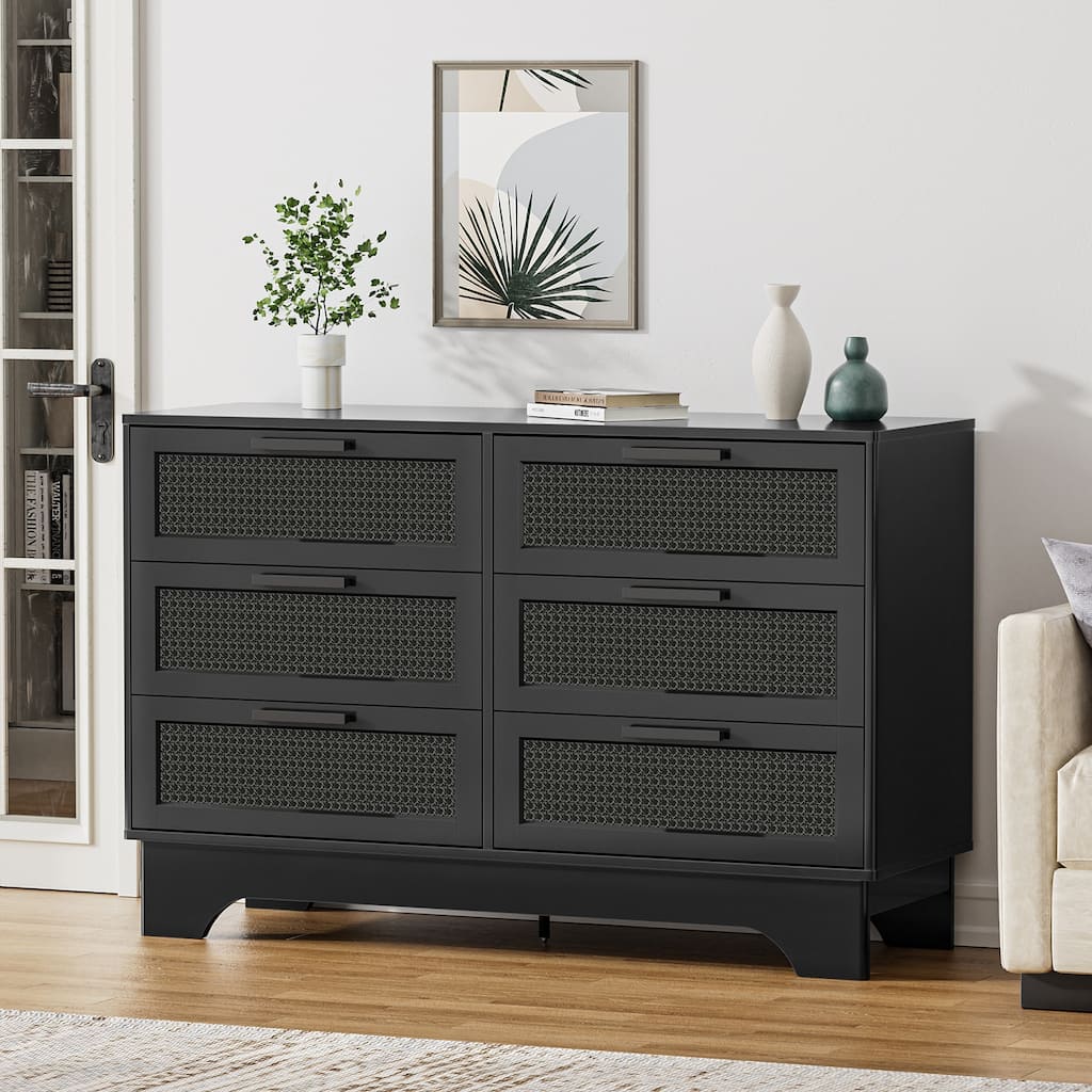Anmytek Modern Black 6-Drawer Double Dresser for Bedroom Wood Rattan Chest of Drawers