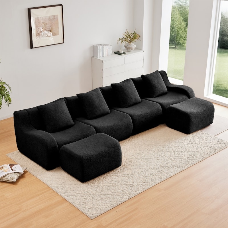 148" Premium Teddy Fabric U-shaped Modular Curved Armrests Boneless Sofa Set - Black
