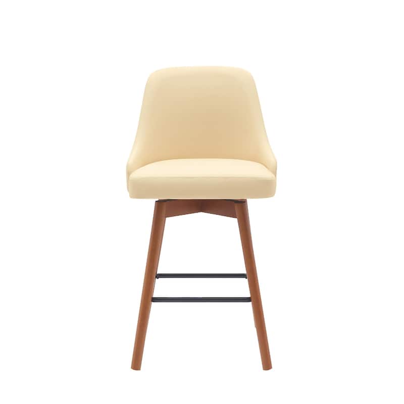 Faux Leather Swivel Bar Chair with Solid Wood Base and Footrest - Cream-Brown-26-Inch