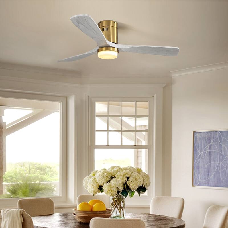 52" Flush Mount Ceiling Fan with Light, Noiseless Reversible Motor Ceiling Fan for Indoor Outdoor, 3 Solid Wood Fan Blades