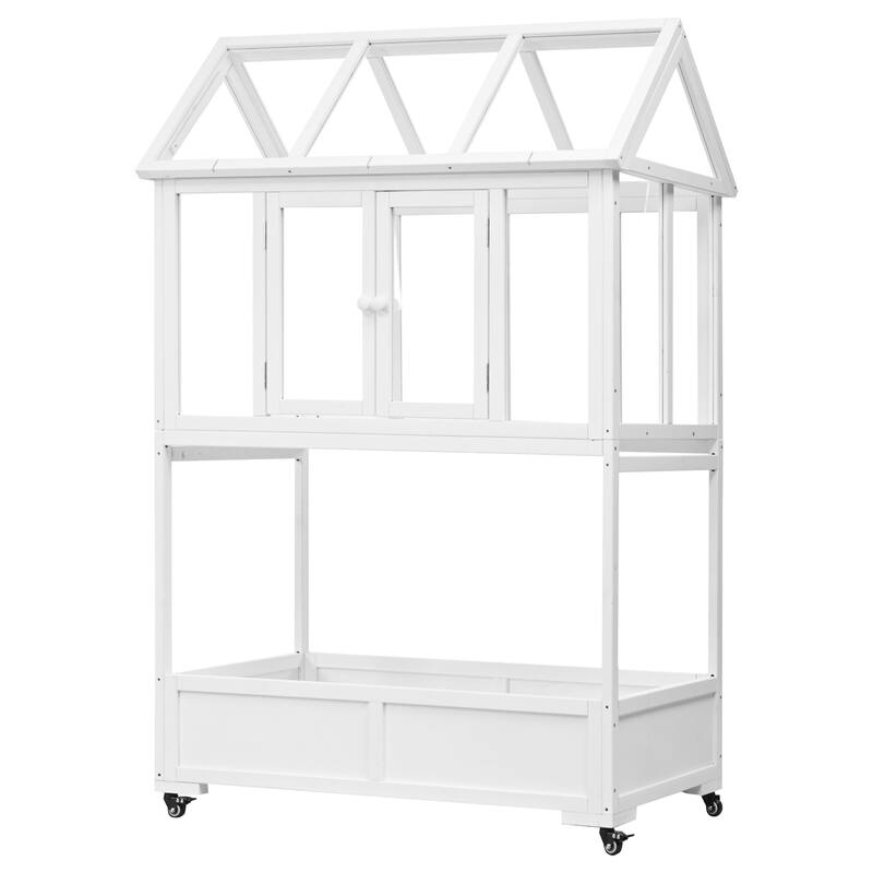 Garden Wood Portable Cold Frame with Movable Wheels Mini Greenhouse with Openable Roof and Storage Box - Portable - Wood