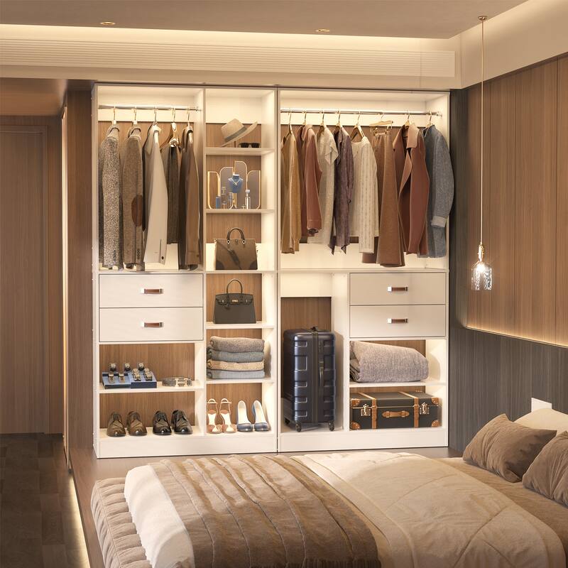 79''W Set of 2 Freestanding Closet System with Drawers, Reversible Wardrobe for Walk-in/ Reach-in Closet - White