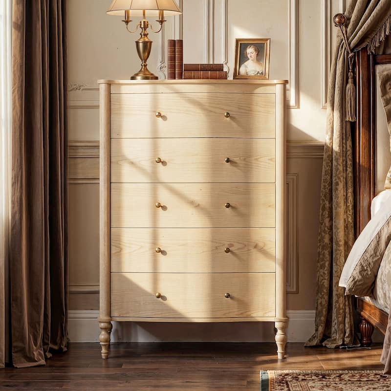 5 Drawer Chest Dresser for Bedroom, Wooden Chest of Drawers with Turned Solid Wood Legs, Modern Storage Dresser, 32.8" Wide - Yellow Wood