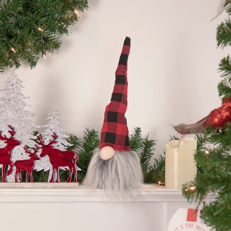 Buffalo Plaid Gnome Head with Long Beard Christmas Figure - 16" - Red and Black