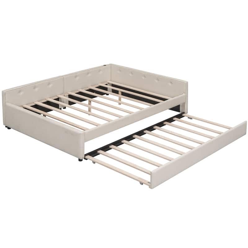 Modern Upholstered Platform Bed with USB and Twin Size Trundle