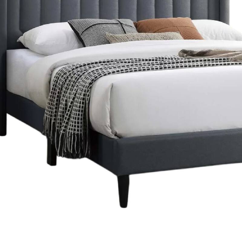 Liana Full Bed, Tufted Charcoal Gray Burlap Upholstery, Foam Padding
