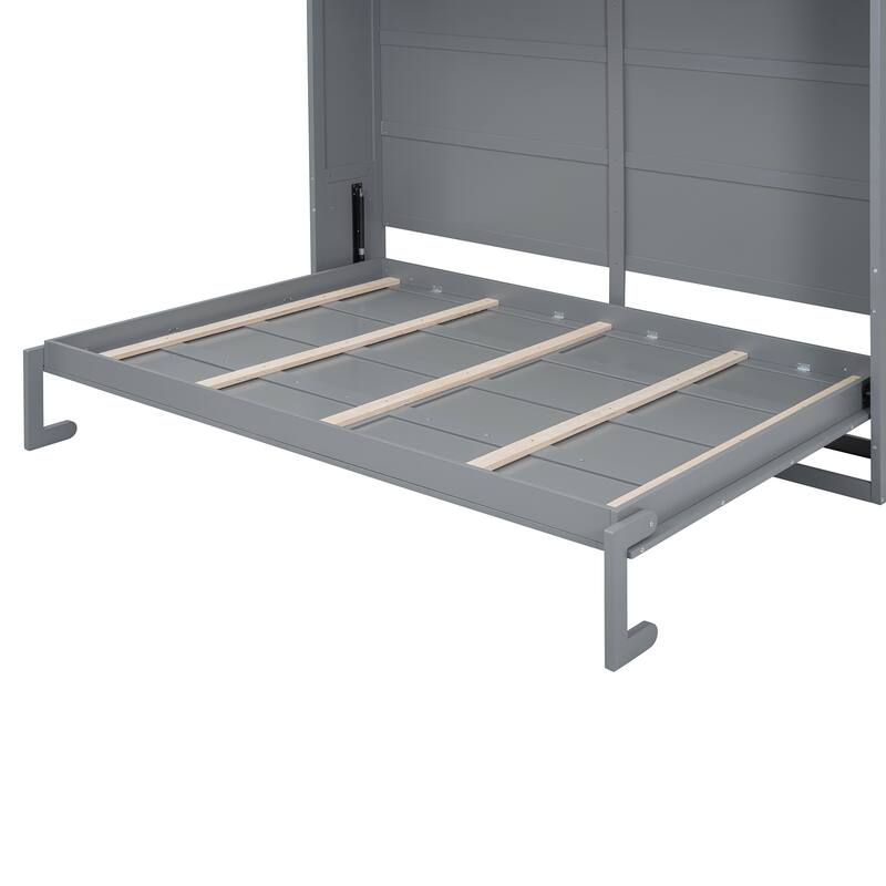 Queen Size Foldable Wall Bed with Shelves & USB, Space-Saving Design, Gray