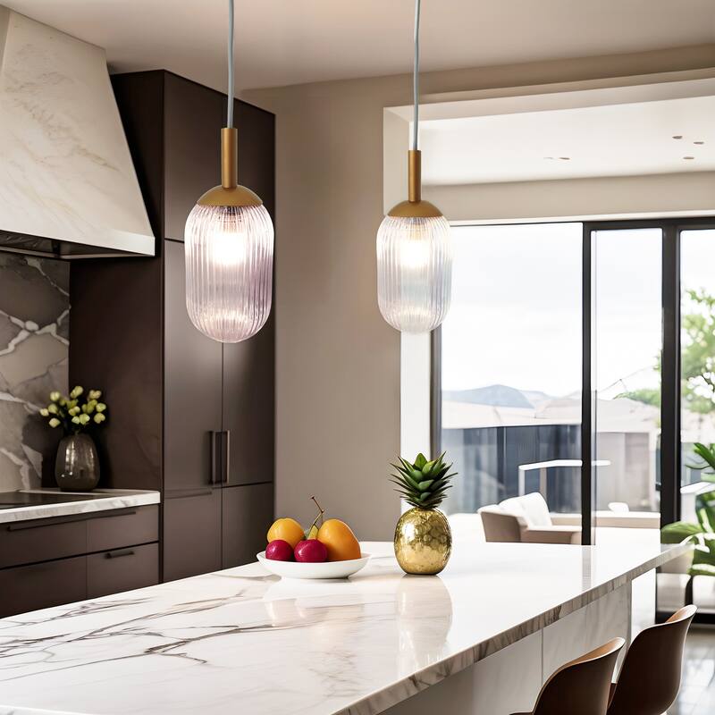 Jasmine Bronze Pendant Light with Ribbed Glass Shade - Gold