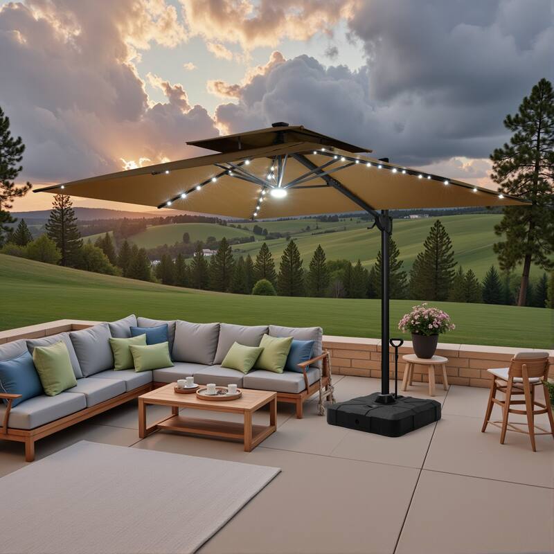 9 FT x 11 FT Outdoor LED Lighted Double Top Patio Cantilever Umbrella with Base - Tan