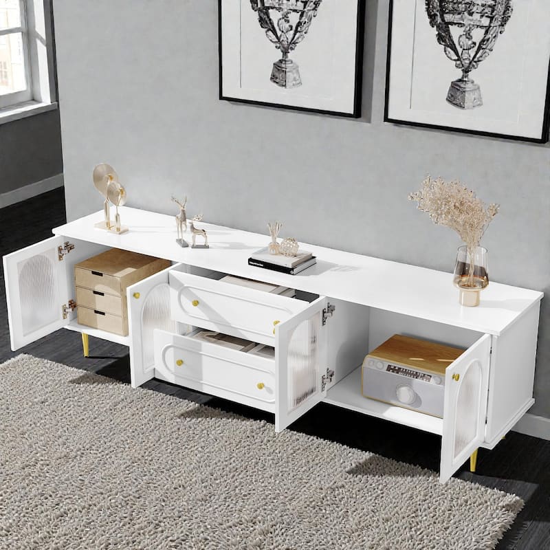 78.7" Modern TV Stand with Fluted Glass Doors, Metal Legs, 2 Drawers and 2 Cabinets, Media Console for TVs up to 80"