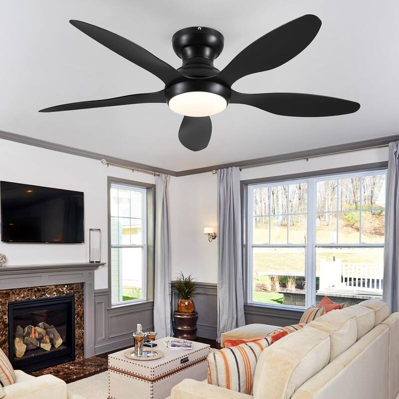 46" Modern Flush Mount Ceiling Fan with LED Light and Remote APP Control Reversible DC Motor for Living Room Bedroom - 46 Inches