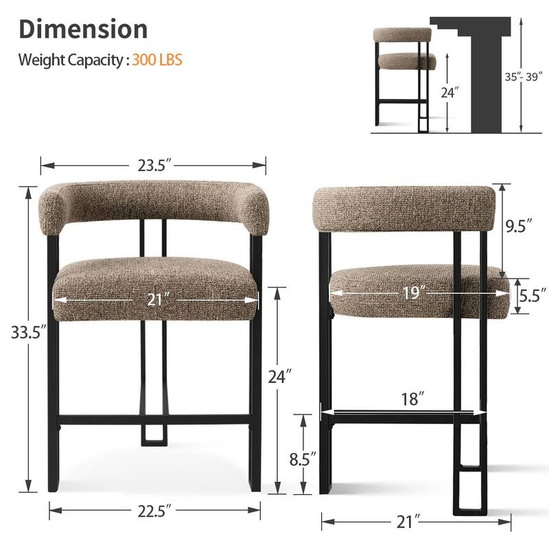 25" Seat Height Upholstered Tweed Black Matel Counter Stool