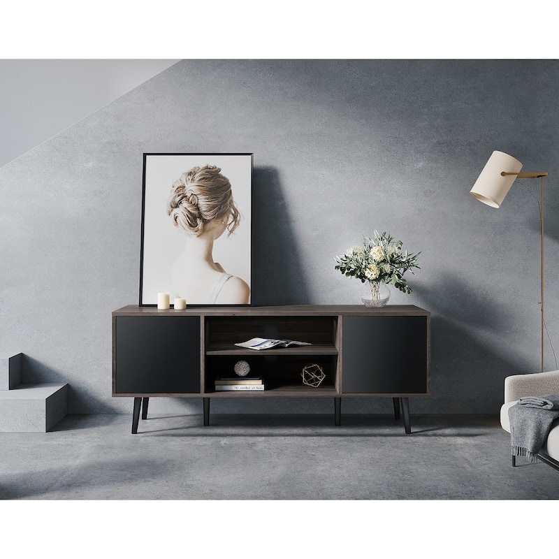 WAMPAT Black/ Brown Mid-century Modern TV Stand
