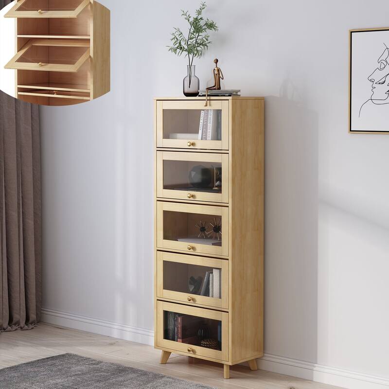 5-Tier Wooden Bookcase, Solid Wood Bookshelf for Living Room & Study - Natural