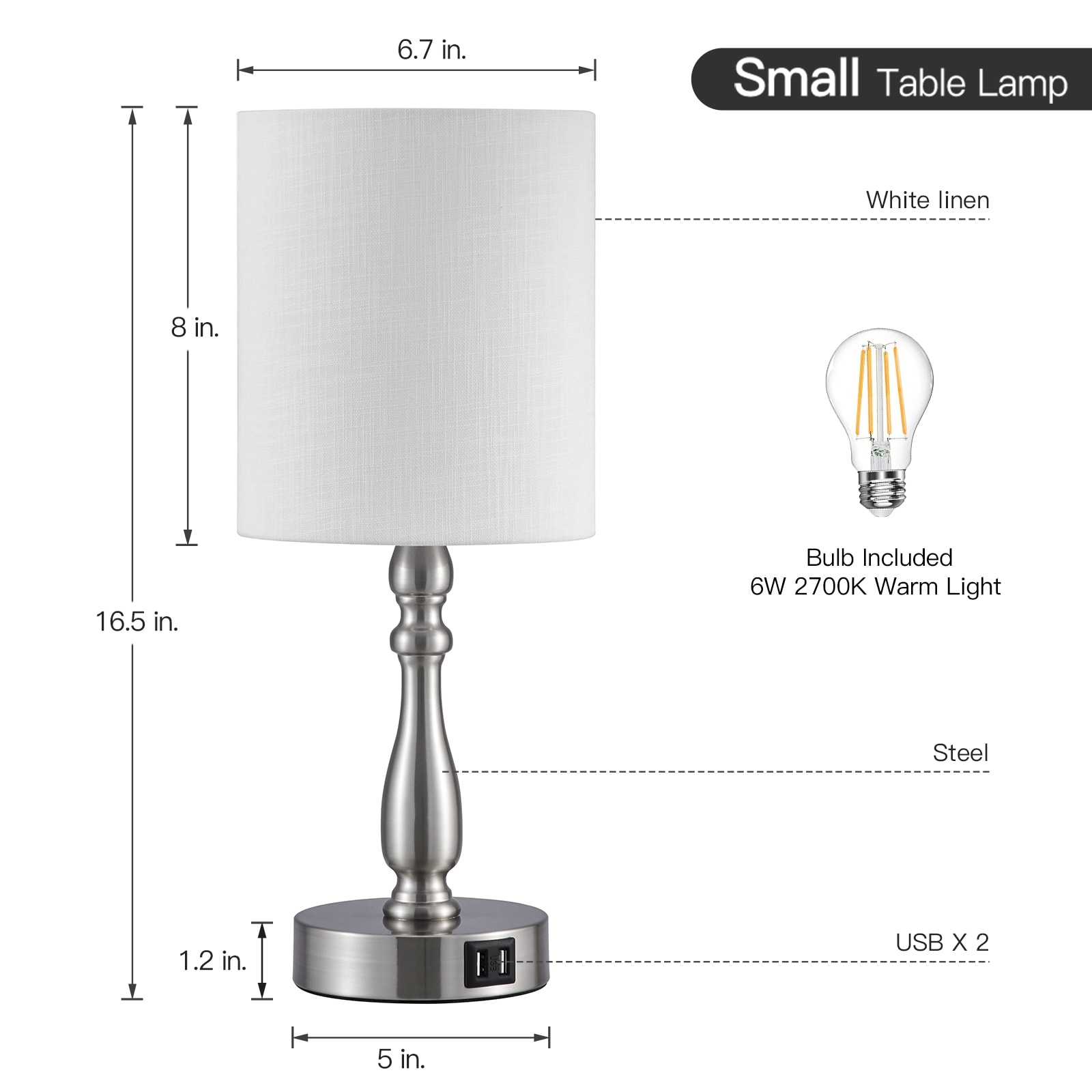 3-Way Dimmable Touch Control Small Table Lamp with USB Port, Brushed  Steel Bed Bath  Beyond 32856785