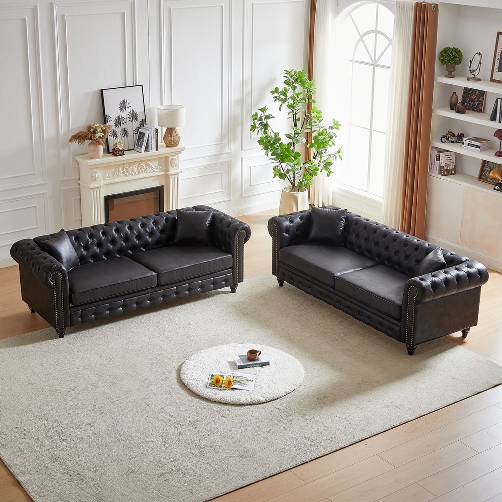 Chesterfield Button Tufted Sofa Set of 2 with Nailhead Trim, 3+3 Seat