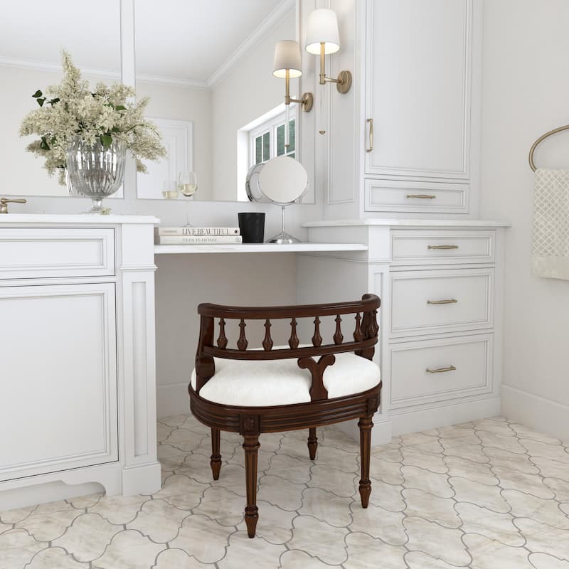 Hathaway 22.5 in. W Oval Upholstered and Wood Traditional Vanity Seat - Antique Cherry