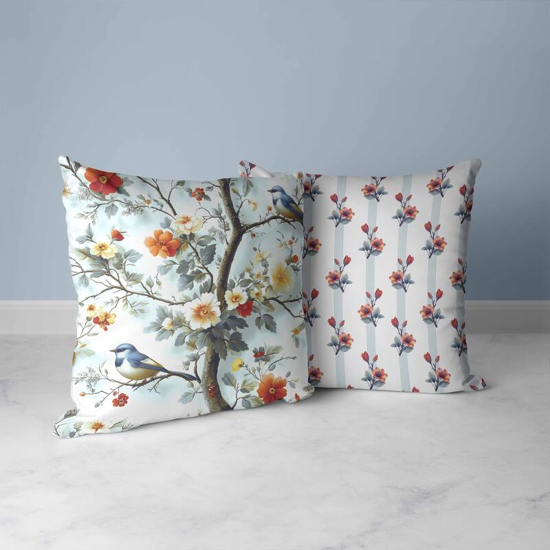 Two Birds n Flowers Faux Suede Reversible Throw Pillow Blue and Red
