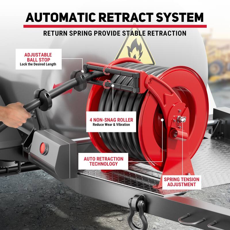 1“ x 50ft Diesel Fuel Hose Reel Retractable with Fuel Nozzle, 1 Inch Fuel Transfer Pump Hose, Auto Swivel Rewind