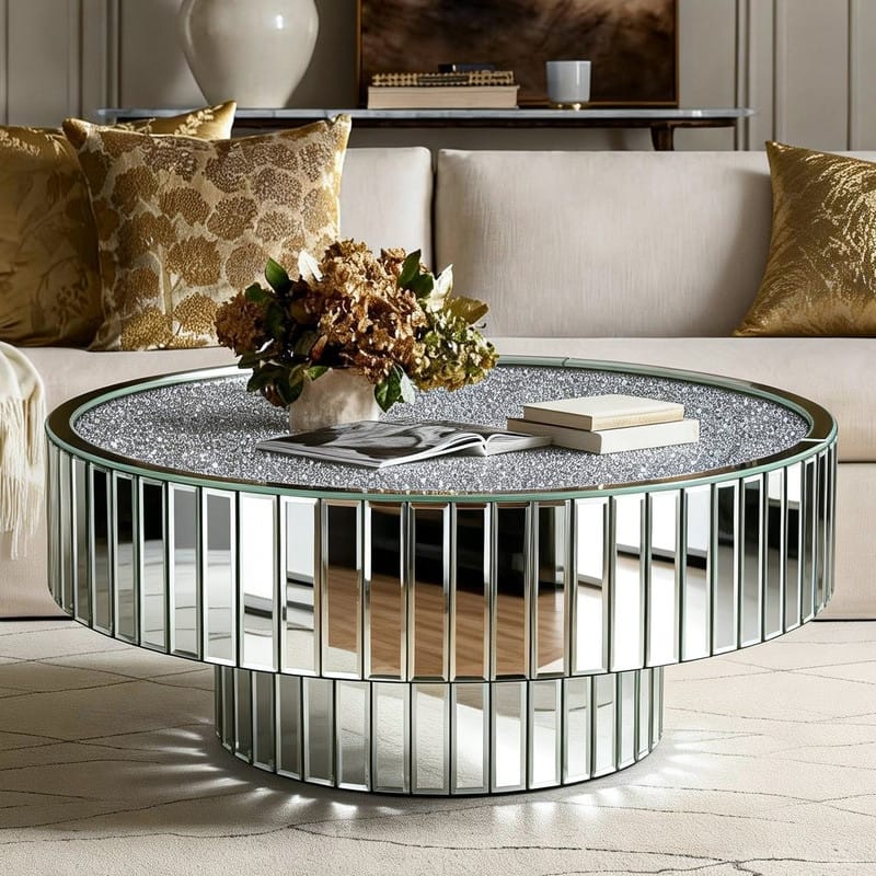 Round Mirrored Coffee Table Accent Table with Crushed Diamond - Silver - Mirror/Glass