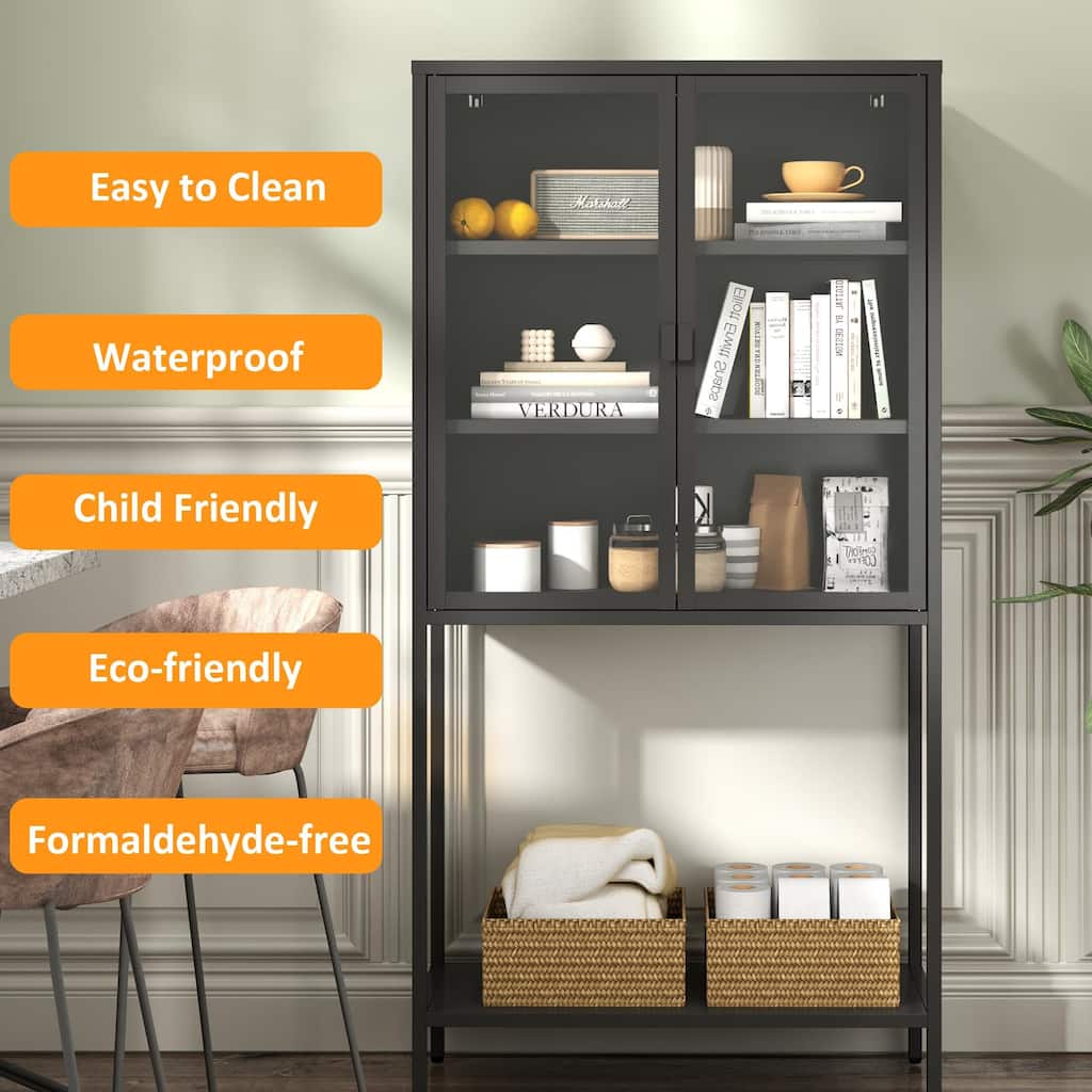 Heavy Duty Metal Storage Cabinet Buffet Sideboard Display Case, Black